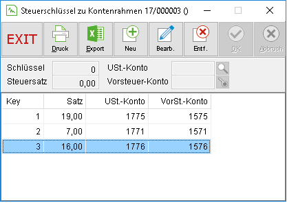 Das Fenster "Steuerschlüssel zu Kontenrahmen"