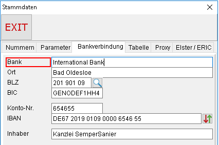 Das Fenster "Stammdaten": die Registerkarte "Bankverbindung"
