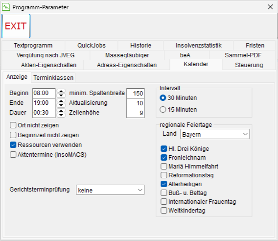Die Programm-Parameter: die Registerkarte "Kalender", die Unterregisterkarte "Anzeige"