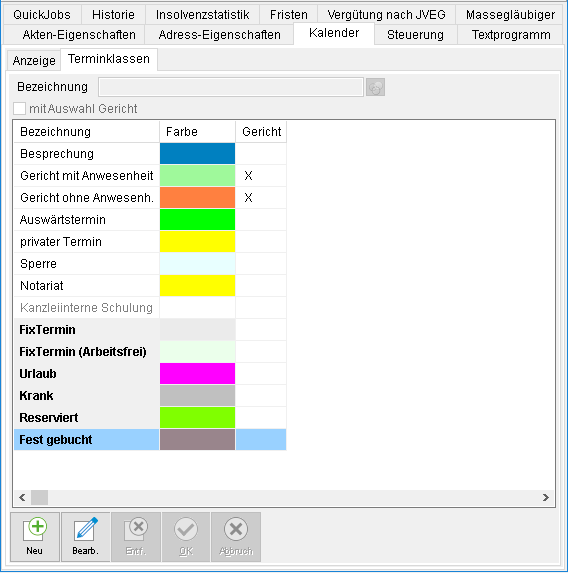 Die Programm-Parameter: die Registerkarte "Kalender", die Unterregisterkarte "Terminklassen"