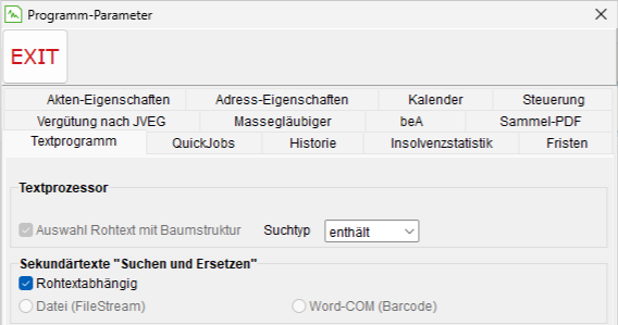 Die Programm-Parameter: die Registerkarte "Textprogramm"