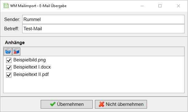 Das Fenster "E-Mail Übergabe"