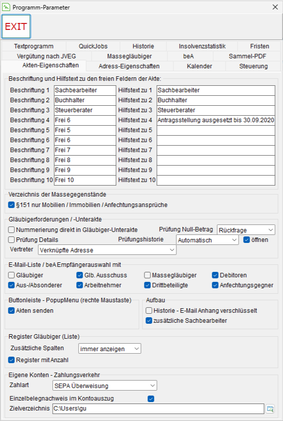 Die Programm-Parameter: die Registerkarte "Akten-Eigenschaften"