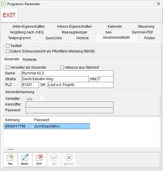 Die Programm-Parameter: die Registerkarte "Insolvenzstatistik"