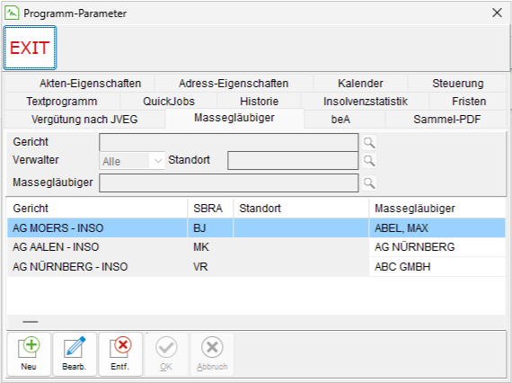 Die Programm-Parameter: die Registerkarte "Massegläubiger"