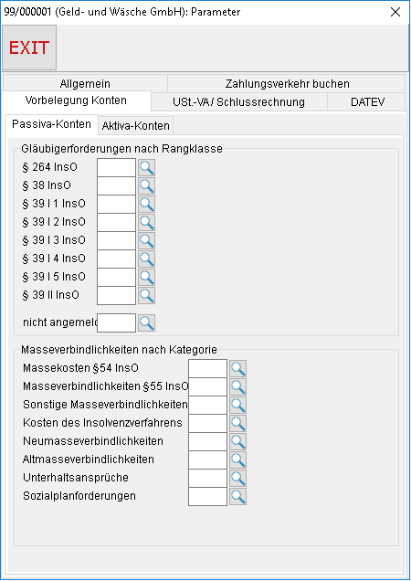 Buchhaltungs-Parameter: die Registerkarte "Vorbelegung Konten", das Register "Passiva-Konten"