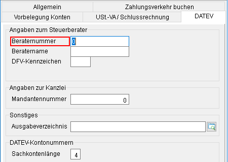 Buchhaltungs-Parameter: die Registerkarte "DATEV"