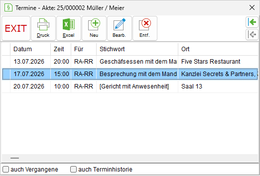 Das Termin-Fenster für die Akte