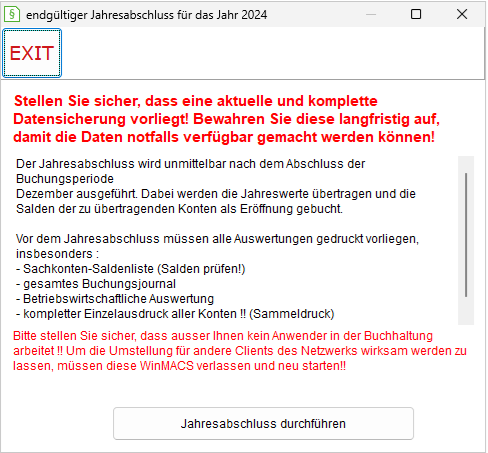 Das Fenster "Jahresabschluss für das Jahr ..."