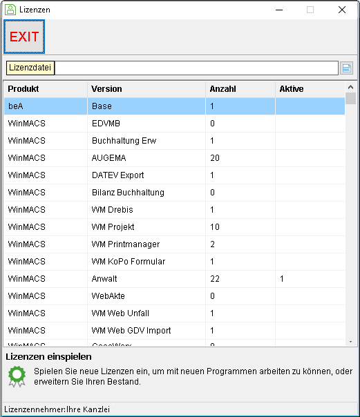 Lizenzen-Fenster von RAG User