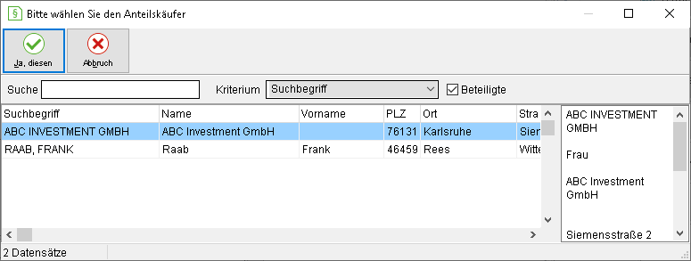 Fenster zur Auswahl des Anteilskäufers