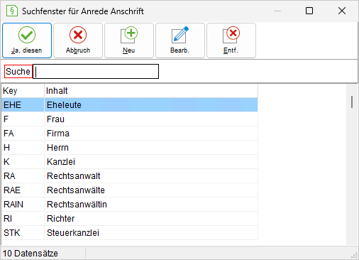 Das Suchfenster für Anrede Anschrift