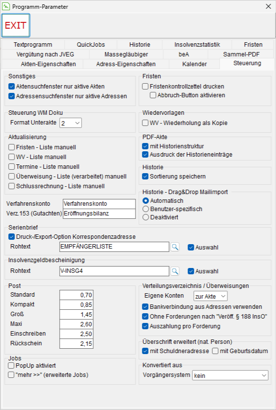 Die Programm-Parameter: die Registerkarte "Steuerung"