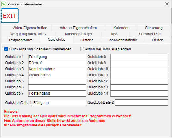 Die Programm-Parameter: die Registerkarte "QuickJobs"