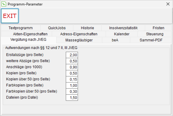 Die Programm-Parameter: die Registerkarte "Vergütung nach JVEG"