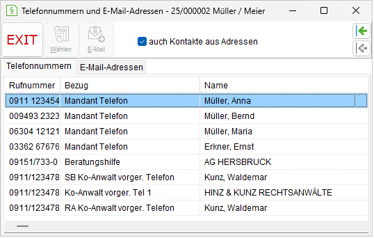 Das Fenster "Telefonnummern und E-Mail-Adressen" zur Akte