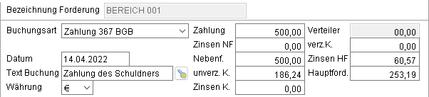 Das Forderungs-Fenster: die Registerkarte "Forderungskonto" (Ausschnitt)
