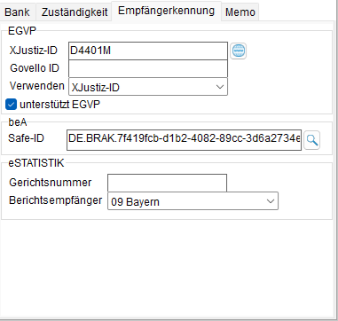 Die Gerichts-Adresse: die Registerkarte "Empfängerkennung"
