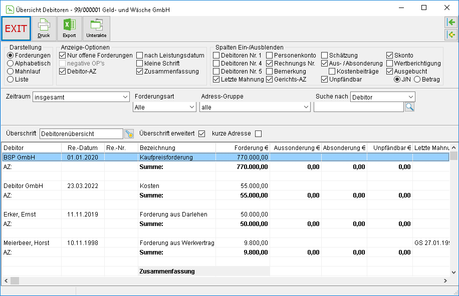 Das Fenster "Übersicht Debitoren"