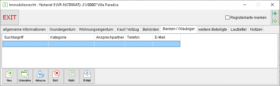 Die Registerkarte "Banken/ Gläubiger"