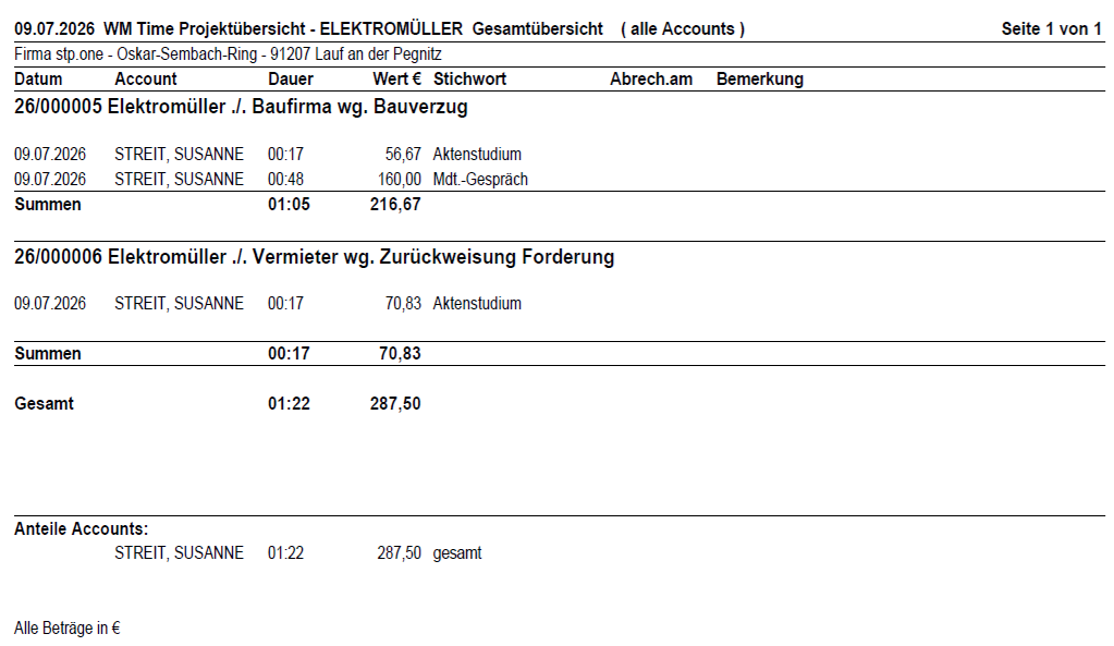 Musterausdruck der Projektübersicht