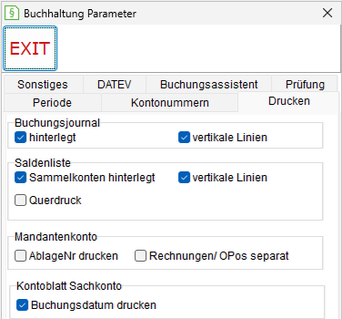 Buchhaltung-Parameter: die Registerkarte "Drucken"