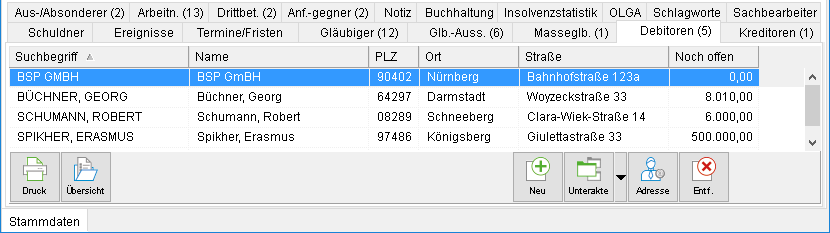 Die Akten-Registerkarte "Debitoren"