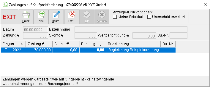 Das Fenster "Zahlungen auf Kaufpreisforderungen"