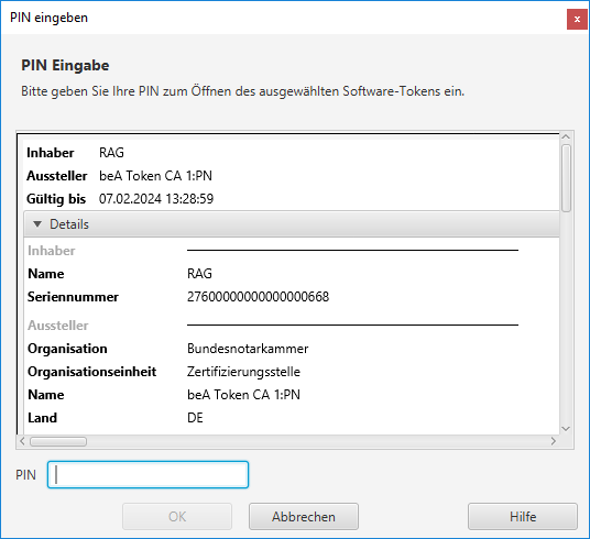 Das Fenster "PIN eingeben"