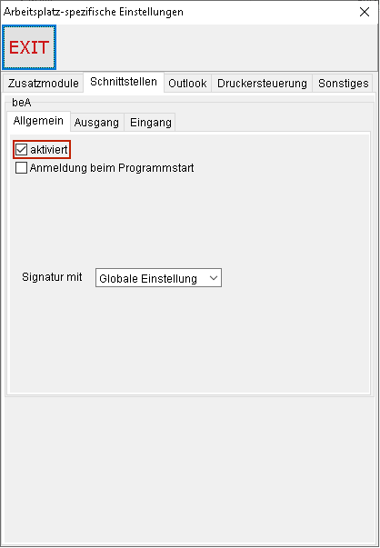 Insomacs-Arbeitsplatz-Einstellungen: Registerkarte "Schnittstellen", beA aktiviert