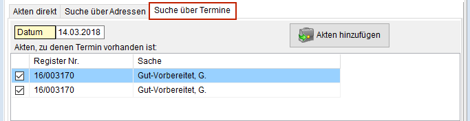Der Reiter "Aktensuche über Termine"