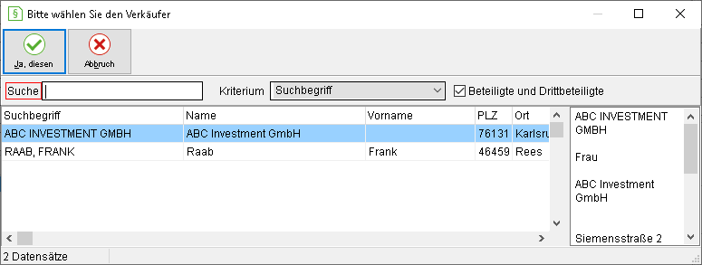 Das Fenster "Bitte wählen Sie den Verkäufer"