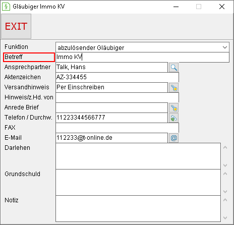Das Fenster "Gläubiger Immo KV"