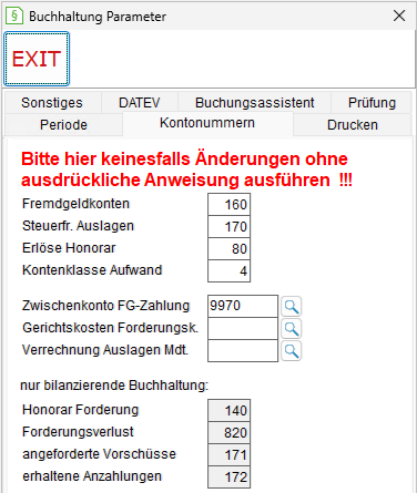 Buchhaltung-Parameter: die Registerkarte "Kontonummern"