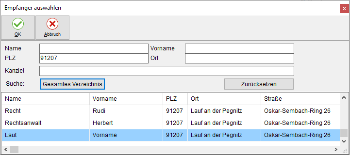 Das Fenster "Empfänger auswählen" mit Suchtreffern
