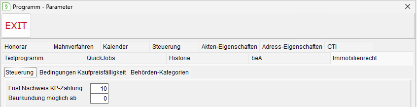 Programm-Parameter: die Registerkarte "Immobilienrecht", Unterregisterkarte "Steuerung"