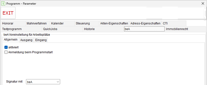 Programm-Parameter: die Registerkarte "beA", Register "Allgemein"