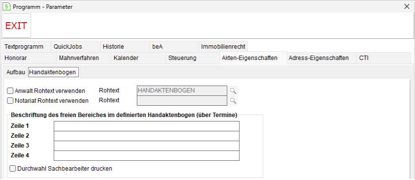 Programm-Parameter: die Registerkarte "Akten-Eigenschaften", Unterregisterkarte "Handaktenbogen"