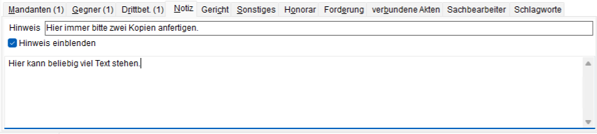 Die Akten-Registerkarte "Notiz"