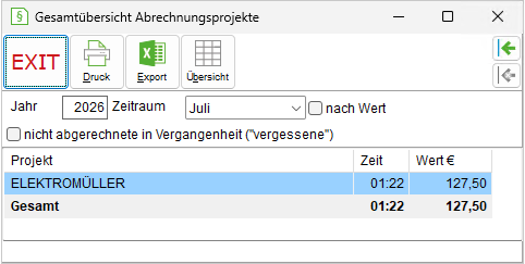 Das Fenster "Gesamtübersicht Abrechnungsprojekte"