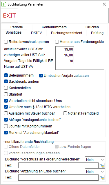 Buchhaltung-Parameter: die Registerkarte "Sonstiges"