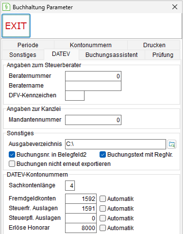 Buchhaltung-Parameter: die Registerkarte "DATEV"