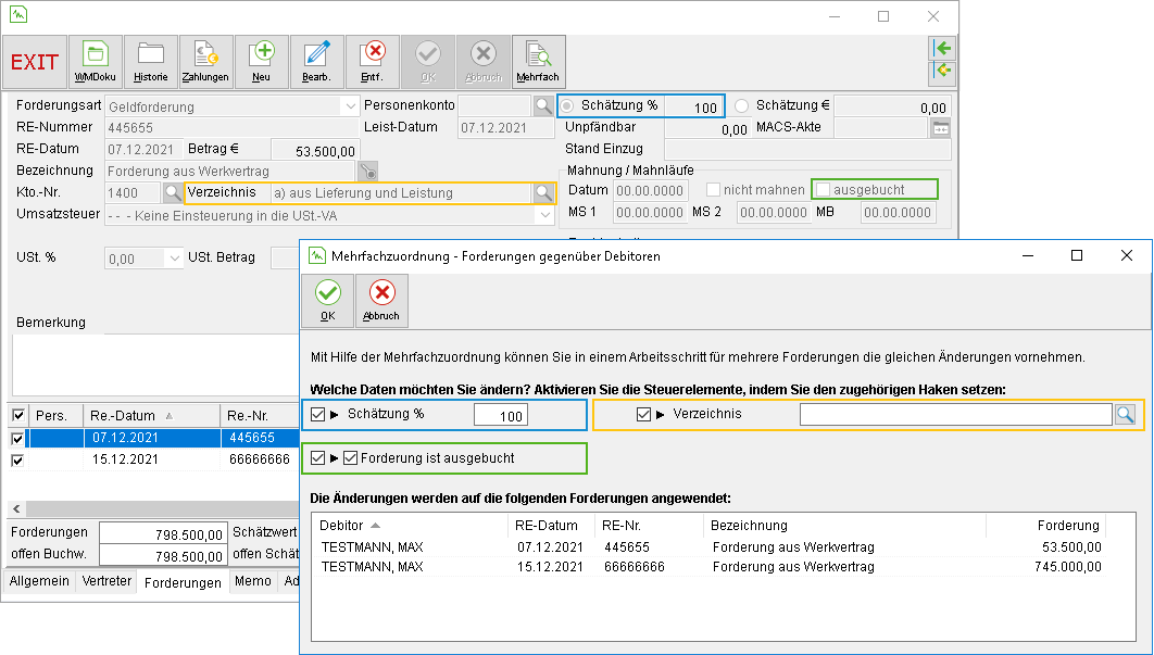 Die Debitoren-Unterakte: das Register "Forderungen" + das Fenster "Mehrfachzuordnung – Forderungen gegenüber Debitoren"