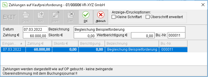 Das Fenster "Zahlungen auf Kaufpreisforderung"