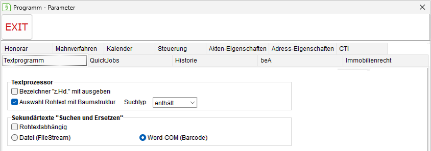 Programm-Parameter: die Registerkarte "Textprogramm"