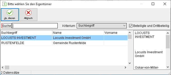 Das Fenster "Bitte wählen Sie den Eigentümer"