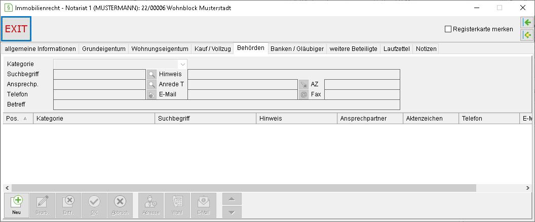 Die Registerkarte "Behörden"