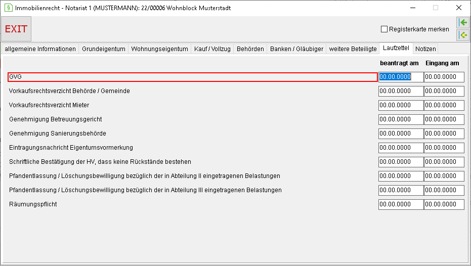 Die Registerkarte "Laufzettel"