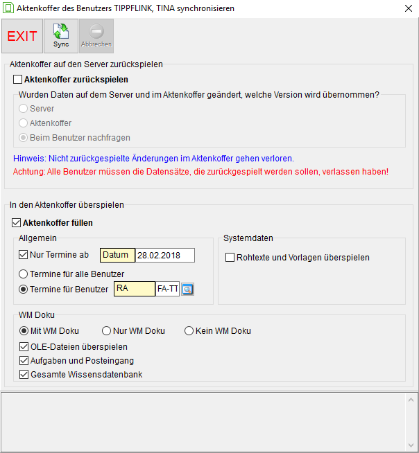 Das Fenster "Aktenkoffer eines Benutzers synchronisieren"