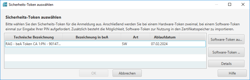 Das Fenster "Sicherheits-Token auswählen"